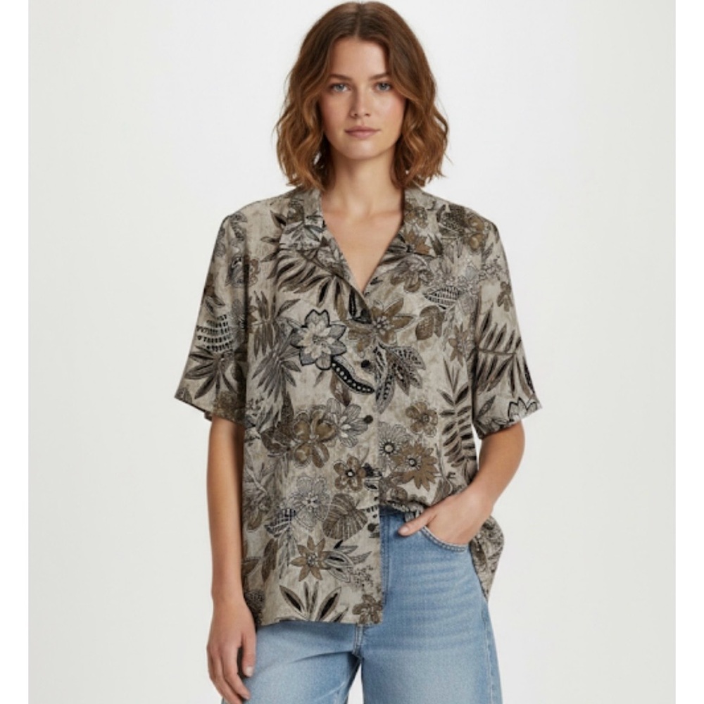 Tropical Button Down Textured Blouse, Women’s XL, Beige Black